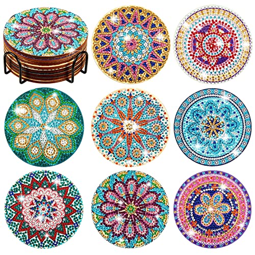 TRRCEPOS Diamond Painting Coasters Kit, 8 Pieces Diamond Painting Coasters with Holder, DIY Diamond Art Coasters for Beginners, Kids (Diamond Drawing C)