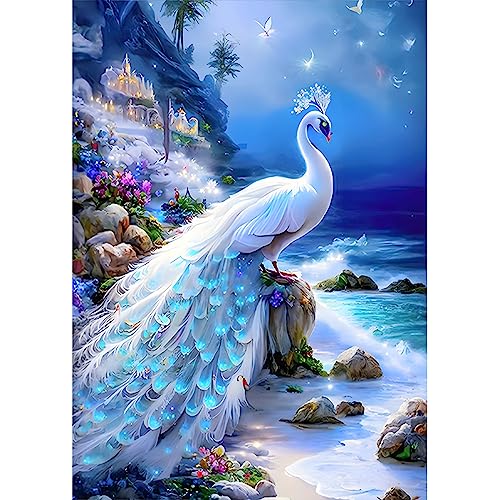 SENQAO Peacock Diamond Painting Kits for Adults, White Peacock in Beach Diamond Painting, DIY 5D Diamond Painting Fantasy Castle Diamond Art Kits Picture for Home Wall Decor 30x40cm