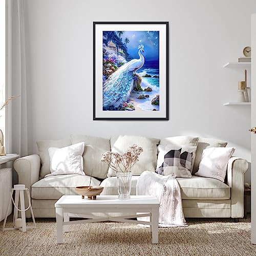 SENQAO Peacock Diamond Painting Kits for Adults, White Peacock in Beach Diamond Painting, DIY 5D Diamond Painting Fantasy Castle Diamond Art Kits Picture for Home Wall Decor 30x40cm