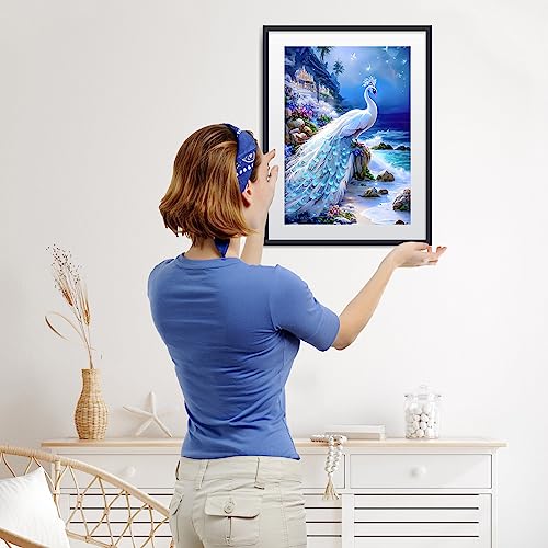 SENQAO Peacock Diamond Painting Kits for Adults, White Peacock in Beach Diamond Painting, DIY 5D Diamond Painting Fantasy Castle Diamond Art Kits Picture for Home Wall Decor 30x40cm