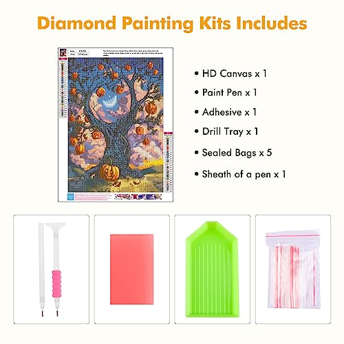 MOGTAA Fall Diamond Art Kits for Adults, Full Drill Pumpkin Tree Diamond Painting Kits for Adults Beginner, Round 5D Halloween Diamond Dots Kits Gem Painting Arts for Home Decor 12x16inch