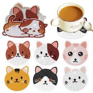 feelook diamond painting coasters with 3d holder 6pcs cat coasters diy diamond art crafts for adults kids and beginners art craft supplies gift