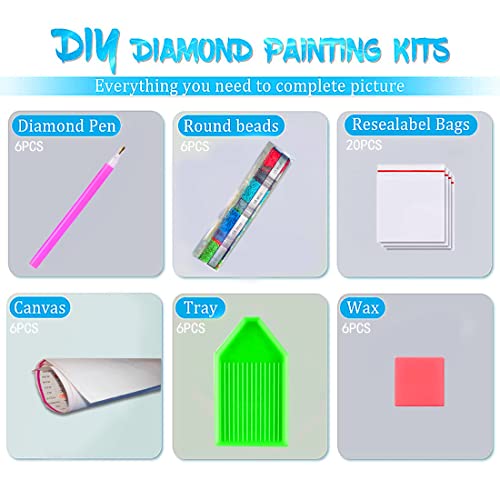 DOTZSO Pack of 6 Adult 5d Diamond Painting Kit, DIY Full Diamond Art kit with Diamond Painting Crystal Rhinestone Cross Stitch Cartoon Picture Art and Craft for Beginners (Clear)