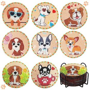 suuyoo 8 pcs diamond painting coasters with holder, cute dog diamond art coasters, diy craft kits for adults, small diamond art coasters kit for kids beginners