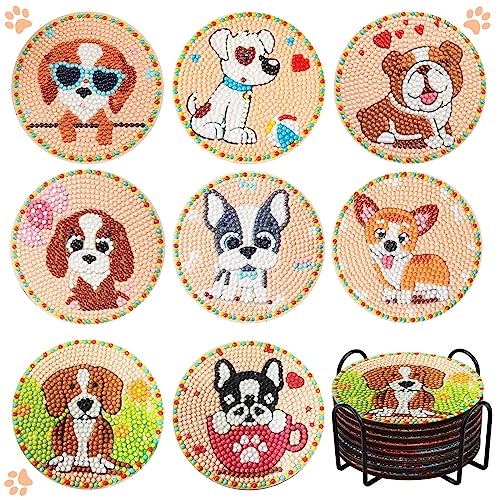 SUUYOO 8 Pcs Diamond Painting Coasters with Holder, Cute Dog Diamond Art Coasters, DIY Craft Kits for Adults, Small Diamond Art Coasters Kit for Kids Beginners