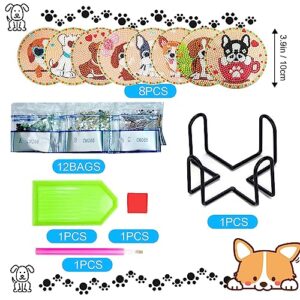 SUUYOO 8 Pcs Diamond Painting Coasters with Holder, Cute Dog Diamond Art Coasters, DIY Craft Kits for Adults, Small Diamond Art Coasters Kit for Kids Beginners