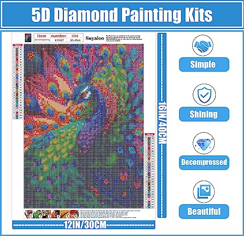 Suyaloo 5D Diamond Painting Kits for Adults - Peacock Diamond Art Kits for Adults Kids Beginner,DIY Animals Round Full Drill Paintings with Diamonds Gem Art for Adults Home Wall Decor 11.8x15.7inch