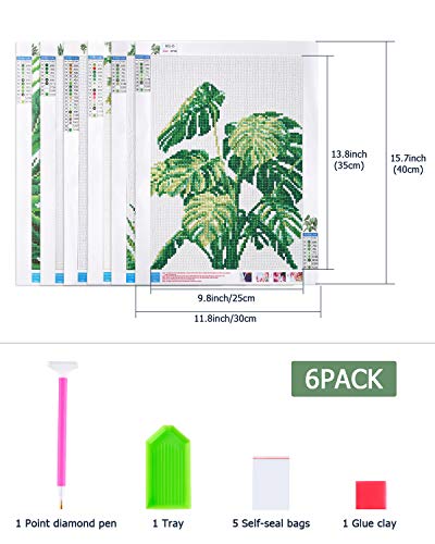 PP OPOUNT 6 Pack 5D Diamond Painting Kits for Adults, Green Plants Full Drill Round Diamond Cross Stitch Diamond Painting by Number Kits for Home Wall Decor(11.8x15.7 inch, Patent Product)