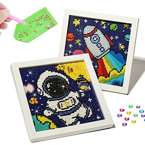 Spaceship Diamond Painting Kits for Kids Beginner with Frame 2 Pack - 5D Full Drill Round Diamond Art Rhinestone Embroidery Astronaut Gem Arts Craft for Kids, DIY Paint with Diamonds Wall Decor 7 inch