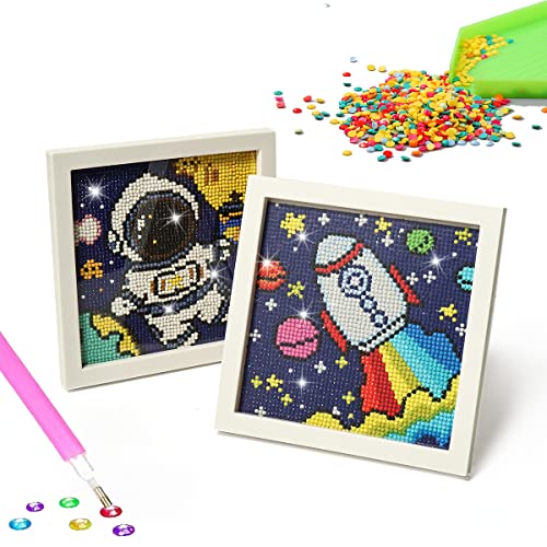 Spaceship Diamond Painting Kits for Kids Beginner with Frame 2 Pack - 5D Full Drill Round Diamond Art Rhinestone Embroidery Astronaut Gem Arts Craft for Kids, DIY Paint with Diamonds Wall Decor 7 inch