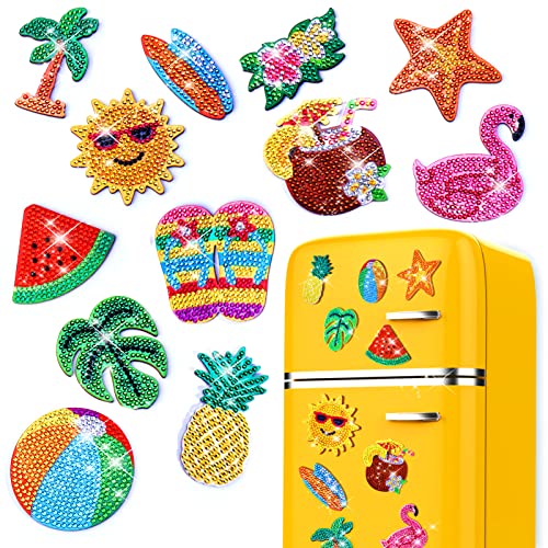 BABORUI 12Pcs Hawaii Diamond Painting Magnets, Beach Fridge Magnet Diamond Painting Kits for Adults Kids Toddlers, Small Magnets Diamond Art Kits for Crafts Home Decor