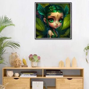 Adult Diamond Art Painting Kit,Beginner 5D Diamond Art Set,DIY Full Diamond Craft,Round Diamond Painting Kit,Green Elf Girl Gemstone Painting Kit,Craft Family Wall Art Deco[13.65x13.65 inches]