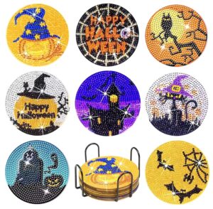8 pcs halloween diamond painting coasters for drinks, diy diamond painting kits with holder cork pad, diamond art coasters for beginners kids adults halloween spooky party art craft supplies