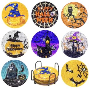 8 Pcs Halloween Diamond Painting Coasters for Drinks, DIY Diamond Painting Kits with Holder Cork Pad, Diamond Art Coasters for Beginners Kids Adults Halloween Spooky Party Art Craft Supplies