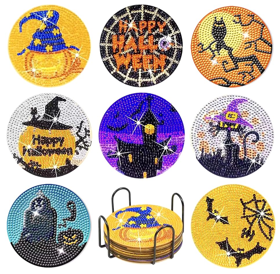 8 Pcs Halloween Diamond Painting Coasters for Drinks, DIY Diamond Painting Kits with Holder Cork Pad, Diamond Art Coasters for Beginners Kids Adults Halloween Spooky Party Art Craft Supplies