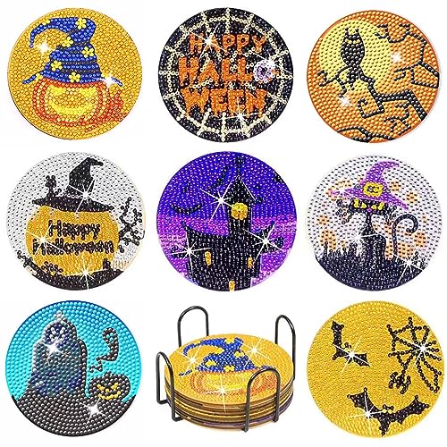 8 Pcs Halloween Diamond Painting Coasters for Drinks, DIY Diamond Painting Kits with Holder Cork Pad, Diamond Art Coasters for Beginners Kids Adults Halloween Spooky Party Art Craft Supplies