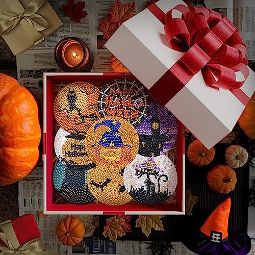 8 Pcs Halloween Diamond Painting Coasters for Drinks, DIY Diamond Painting Kits with Holder Cork Pad, Diamond Art Coasters for Beginners Kids Adults Halloween Spooky Party Art Craft Supplies