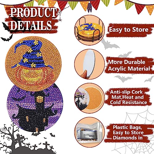8 Pcs Halloween Diamond Painting Coasters for Drinks, DIY Diamond Painting Kits with Holder Cork Pad, Diamond Art Coasters for Beginners Kids Adults Halloween Spooky Party Art Craft Supplies