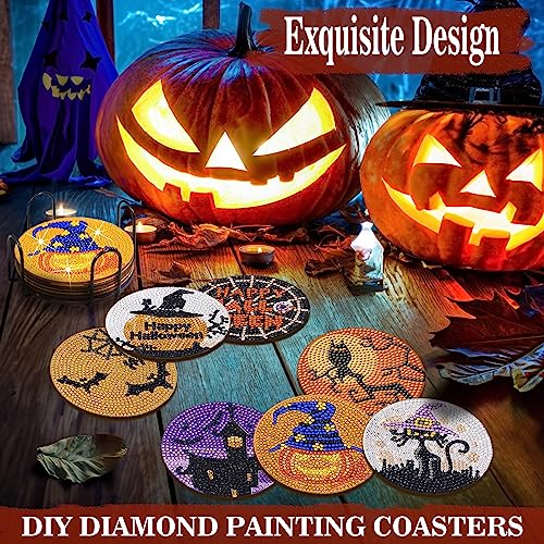 8 Pcs Halloween Diamond Painting Coasters for Drinks, DIY Diamond Painting Kits with Holder Cork Pad, Diamond Art Coasters for Beginners Kids Adults Halloween Spooky Party Art Craft Supplies