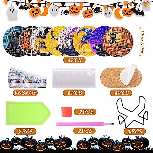 8 Pcs Halloween Diamond Painting Coasters for Drinks, DIY Diamond Painting Kits with Holder Cork Pad, Diamond Art Coasters for Beginners Kids Adults Halloween Spooky Party Art Craft Supplies