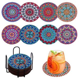 diamond painting coasters kit with holder,wooden pad + acrylic board double layer is strong and wear-resistant,mandala diy diamond art coasters for beginners adults and kids art craft supplies gif