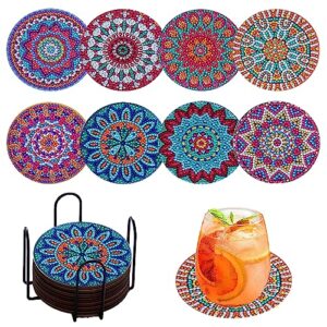 Diamond Painting Coasters Kit With Holder,Wooden Pad + Acrylic Board Double Layer is Strong and Wear-Resistant,Mandala DIY Diamond art Coasters for Beginners Adults and Kids Art Craft Supplies Gif