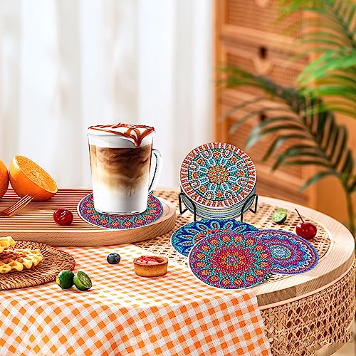 Diamond Painting Coasters Kit With Holder,Wooden Pad + Acrylic Board Double Layer is Strong and Wear-Resistant,Mandala DIY Diamond art Coasters for Beginners Adults and Kids Art Craft Supplies Gif