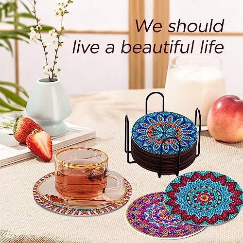 Diamond Painting Coasters Kit With Holder,Wooden Pad + Acrylic Board Double Layer is Strong and Wear-Resistant,Mandala DIY Diamond art Coasters for Beginners Adults and Kids Art Craft Supplies Gif