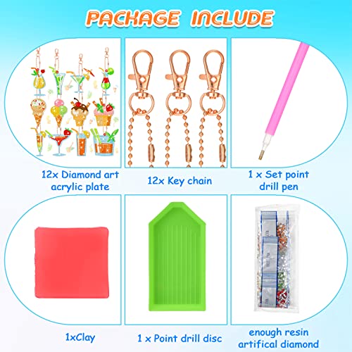 12 Pcs Diamond Painting Keychain Kits Double Sided Diamond Painting Key Rings Full Diamond Art Keychain Summer DIY Diamond Art Ornaments for Adults Kids Purse Backpack Handbag(Cocktail, Ice Cream)