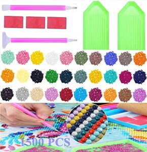 diamond painting accessories kits-5d diamond art dot bead replacement missing drill stones for adults,diy embroidery wax tacky tool-30 colors,1500 round gems,3 painting glue clay,2 stitch pen,2 tray