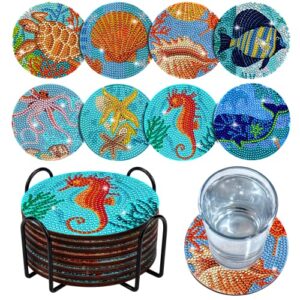 bsresin 8 pcs diamond painting coasters with holder, ocean diamond art coasters diy crafts for adults, small diamond painting kits supplies