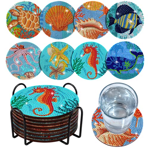 BSRESIN 8 Pcs Diamond Painting Coasters with Holder, Ocean Diamond Art Coasters DIY Crafts for Adults, Small Diamond Painting Kits Supplies