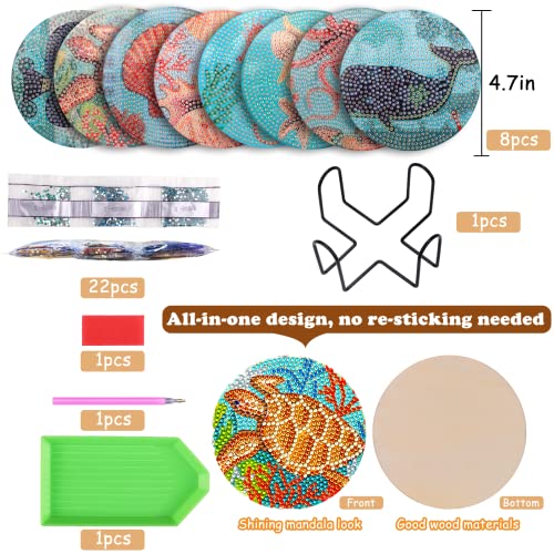 BSRESIN 8 Pcs Diamond Painting Coasters with Holder, Ocean Diamond Art Coasters DIY Crafts for Adults, Small Diamond Painting Kits Supplies