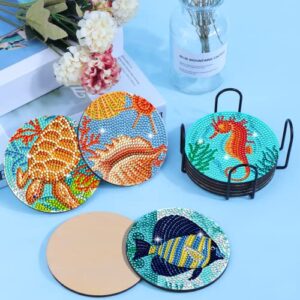 BSRESIN 8 Pcs Diamond Painting Coasters with Holder, Ocean Diamond Art Coasters DIY Crafts for Adults, Small Diamond Painting Kits Supplies