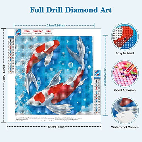 RICUVED Diamond Painting Kits for Adults, Koi Fish 5D Diamond Art Painting Kits Full Round Drill Diamond Dots Art Painting Kits, Diamond Painting for Gift Home Wall Decor 12x12 Inch