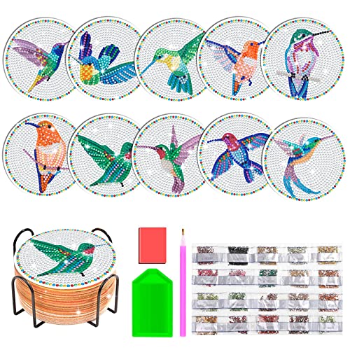 JHGCVX 10 Pcs Hummingbird Diamond Painting Coasters Kit,Diamond Art Coasters with Holder,Cute Hummingbird Diamond Painting Coasters for Adults Beginners and Kids Art Craft Supplies Gift