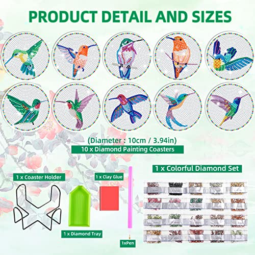 JHGCVX 10 Pcs Hummingbird Diamond Painting Coasters Kit,Diamond Art Coasters with Holder,Cute Hummingbird Diamond Painting Coasters for Adults Beginners and Kids Art Craft Supplies Gift