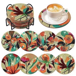 8 pcs painted leaves diamond art painting coasters kits with holder diy leaves diamond art coaster non slip coaster for adults diamond painting kits supplies