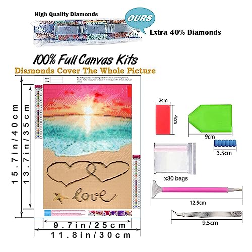 Beach Diamond Painting, Diamond Art Beach Diamond Art Kits Sunset 5D Diamond Painting Kits for Beginners Sea Beach Love Diamond Dot Art Ocean Gem Art Kits for Adults Dimond Art Decor Gifts 12x16Inch