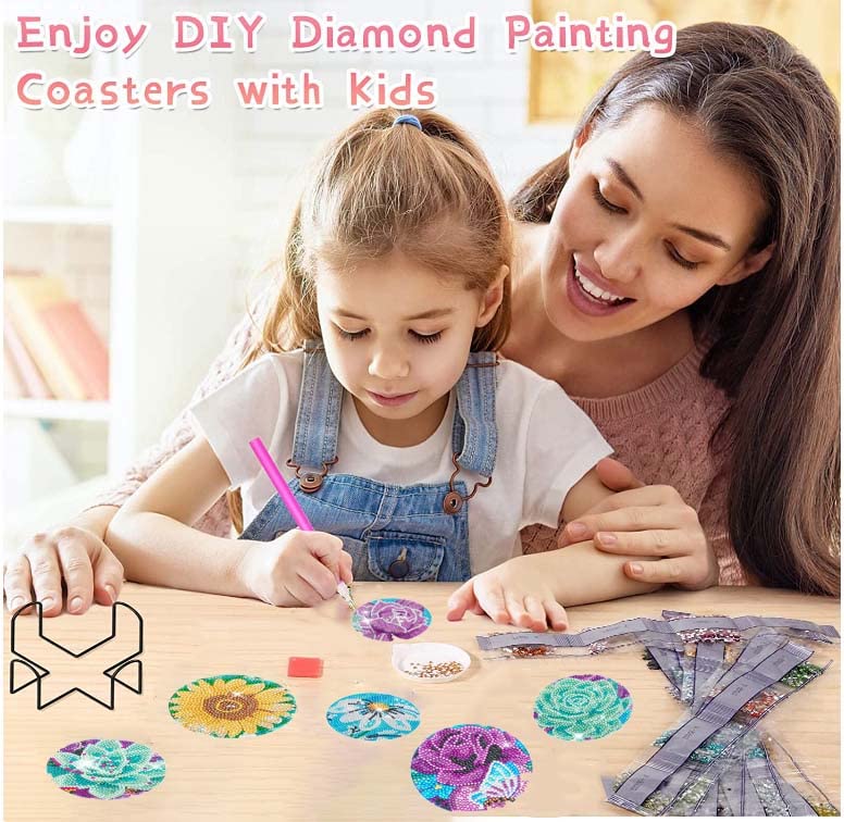 DOTZSO Diamond Art Painting Coasters,Diamond Dot Art DIY Coasters Art and Crafts for Adults Diamond Art Coaster Sets for Beginners Adults and Kids Art Craft Supplies（Flower）