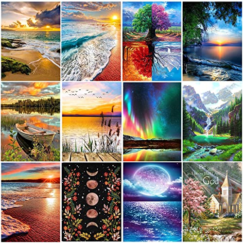 12 Pack Diamond Painting Kits, 5D Diamond Art Kits for Adults Full Drill Diamond Paintings Kit Crafts for Adults Beginners, DIY Beach Diamond Painting Packs Gem Art Home Wall Decor 11.8x15.7in