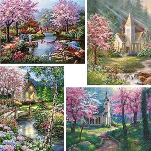 gemzono 4 pack diamond painting kits for adults&kids diy 5d diamond art paint with round diamonds full drill church gem art painting kit for home wall decor gifts(12x16inch/30×40cm)