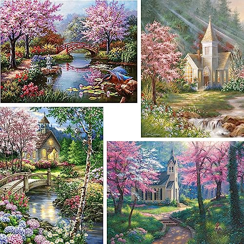 GemZono 4 Pack Diamond Painting Kits for Adults&Kids DIY 5D Diamond Art Paint with Round Diamonds Full Drill Church Gem Art Painting Kit for Home Wall Decor Gifts(12x16inch/30×40cm)