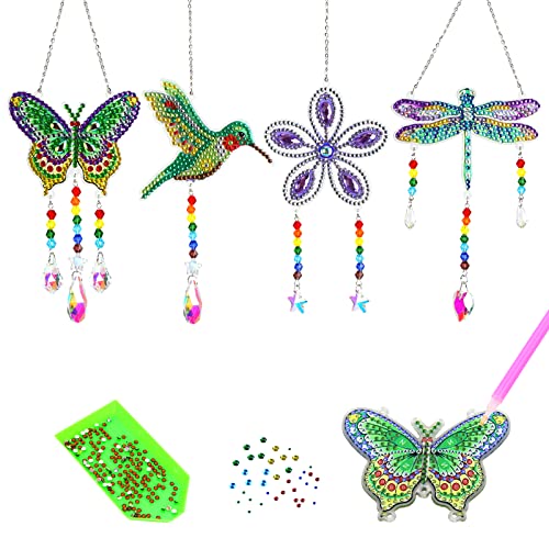 Diamond Painting Suncatchers, 4 pcs Sun catchers Diamond Painting Kits for Kids DIY Crafts for Adults Hummingbird Butterfly Dragonfly Prism Crystal Suncatchers Wind Chime Windows Garden Decorations