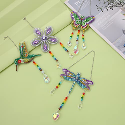 Diamond Painting Suncatchers, 4 pcs Sun catchers Diamond Painting Kits for Kids DIY Crafts for Adults Hummingbird Butterfly Dragonfly Prism Crystal Suncatchers Wind Chime Windows Garden Decorations