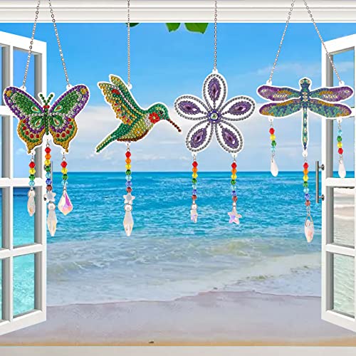 Diamond Painting Suncatchers, 4 pcs Sun catchers Diamond Painting Kits for Kids DIY Crafts for Adults Hummingbird Butterfly Dragonfly Prism Crystal Suncatchers Wind Chime Windows Garden Decorations