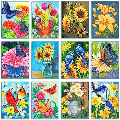 TINY FUN 12 Pack Diamond Painting Kits for Adults - 5D DIY Flower Diamond Art Paint with Round Full Drill Diamonds for Beginners, Home Wall Decoration and Gifts (12X16 Inch)