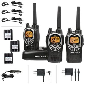 midland 50 channel gmrs two-way radio - long range walkie talkie with 142 privacy codes, sos siren, and noaa weather alerts and weather scan (black/silver, 3-pack)