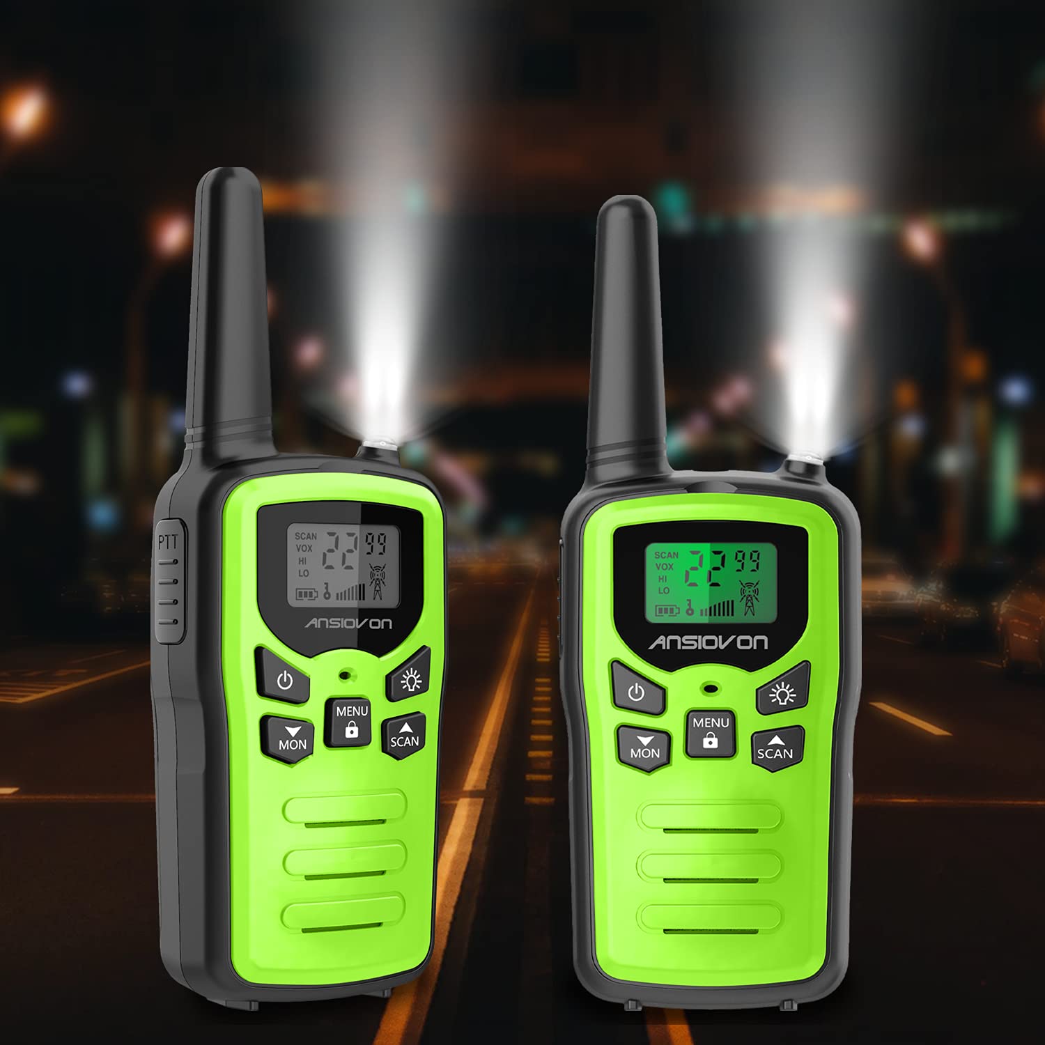 Walkie Talkies, ANSIOVON Walkie Talkies for Adults Long Range 22 Channels Walky Talky VOX Scan LCD Display Flashlight Two Way Radio for Family Biking Hiking Camping Cruise (2 Pack Green)