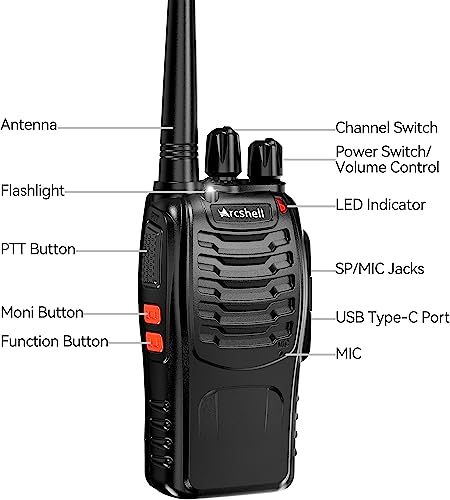 Arcshell Rechargeable Long Range Two-Way Radios with Earpiece 4 Pack Walkie Talkies Li-ion Battery and Charger Included